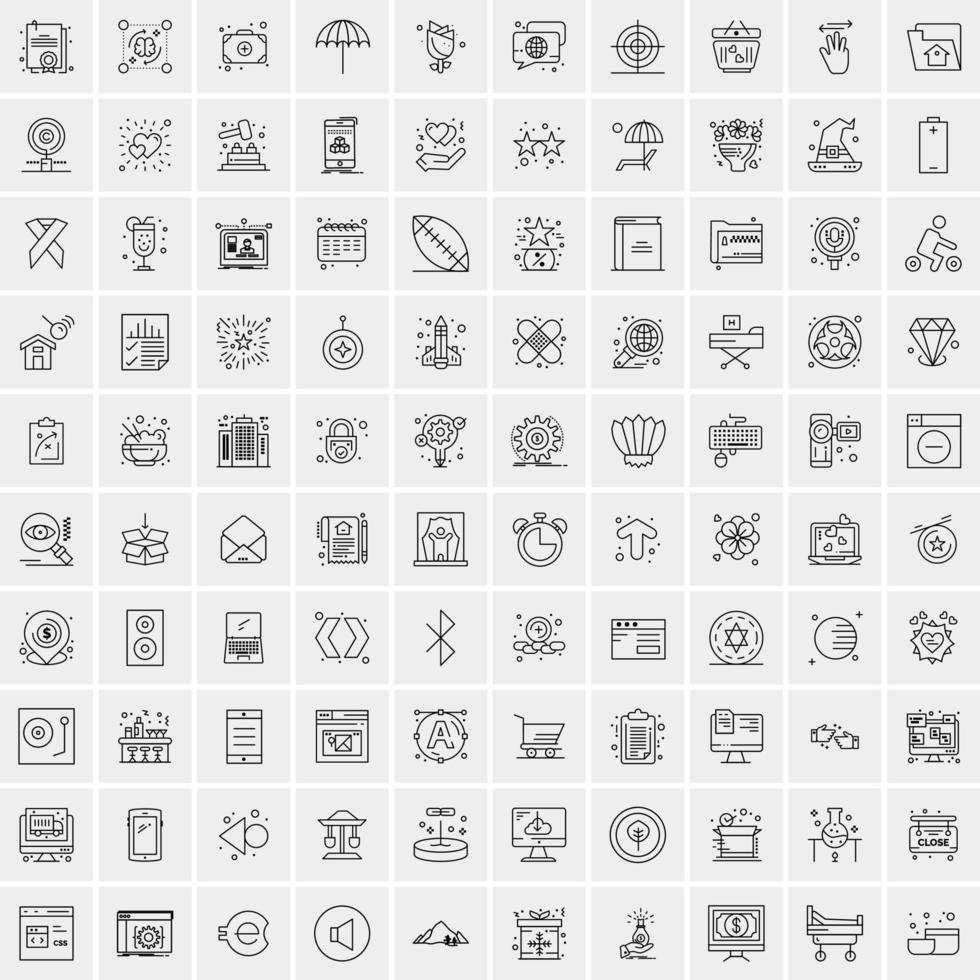 100 Universal Black Line Icons on White Background vector