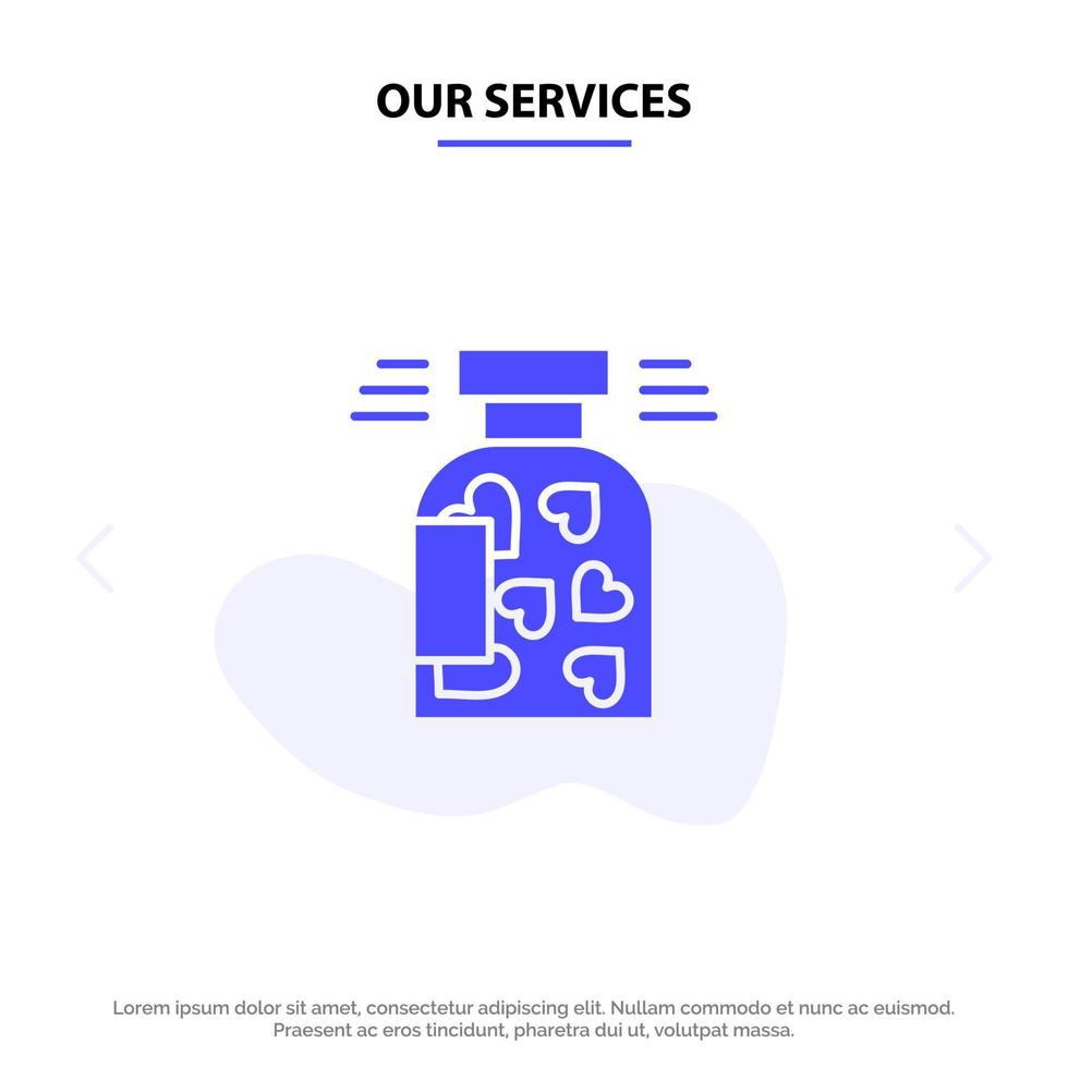 Our Services Jar Bottle Cookies Heart Valentine Solid Glyph Icon Web card Template vector