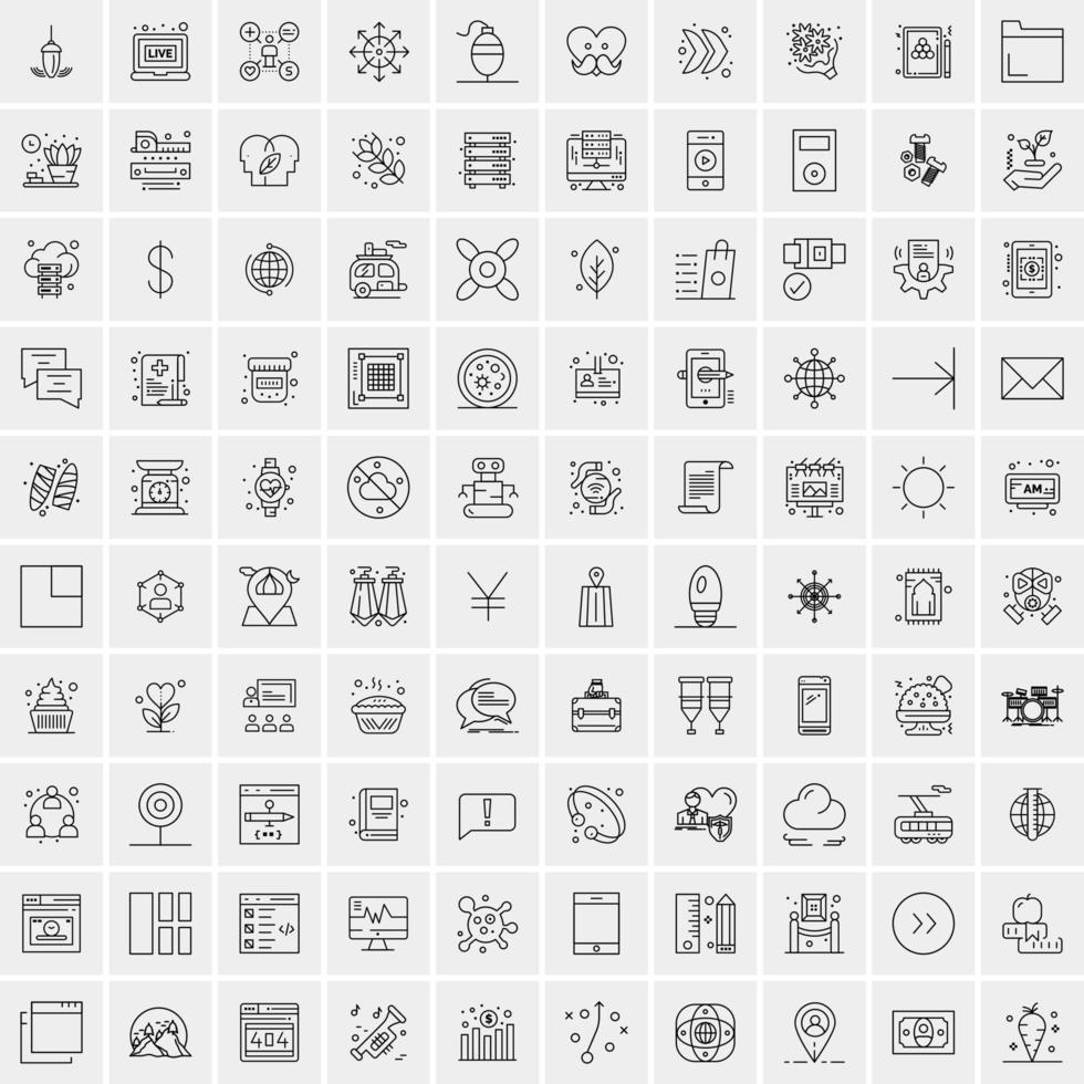 100 Universal Black Line Icons on White Background vector