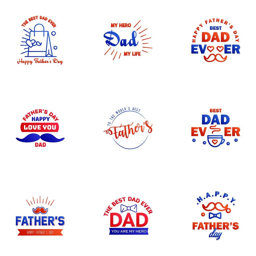 Happy fathers day greeting cards set 9 Blue and red Vector typography lettering Usable for banners print You are the best dad text design Editable Vector Design Elements