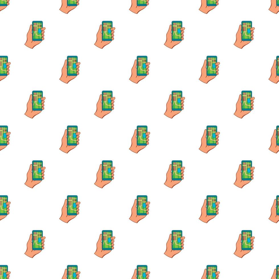 Hand holding phone with GPS pattern, cartoon style vector