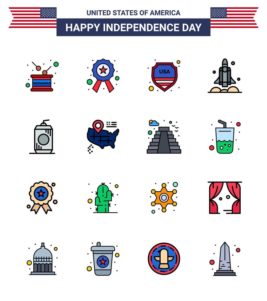 USA Independence Day Flat Filled Line Set of 16 USA Pictograms of usa spaceship sign rocket usa Editable USA Day Vector Design Elements