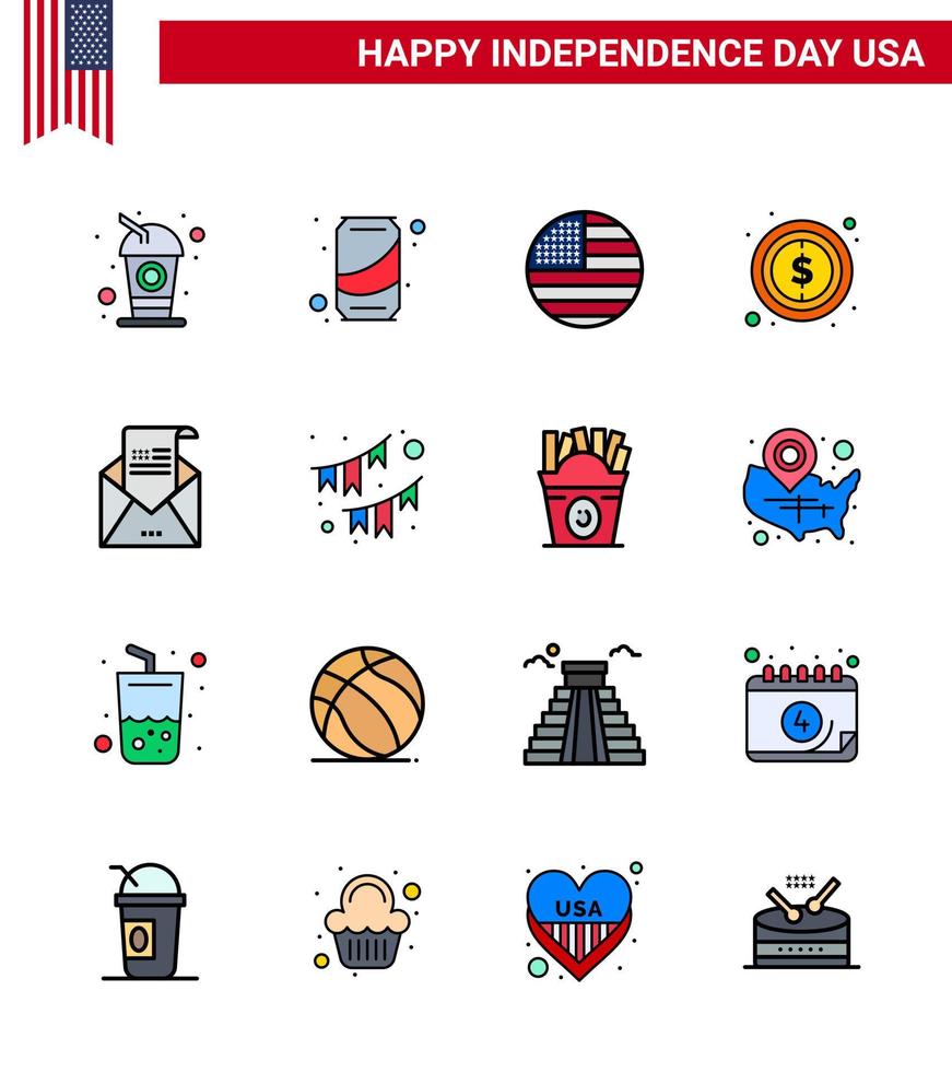 Stock Vector Icon Pack of American Day 16 Line Signs and Symbols for envelope sign american dollar usa Editable USA Day Vector Design Elements