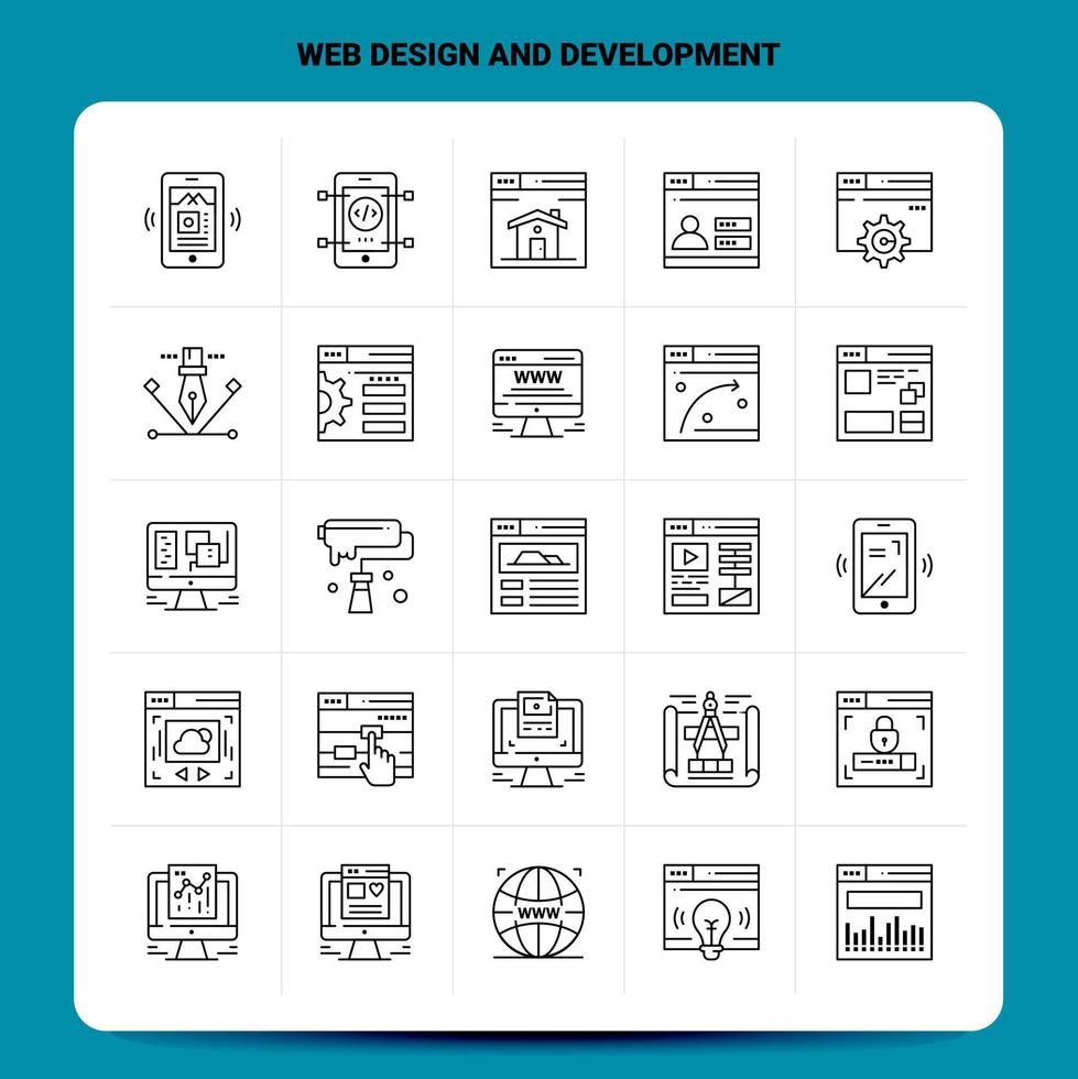 esquema 25 conjunto de iconos de diseño y desarrollo web diseño de estilo de línea vectorial conjunto de iconos negros paquete de pictogramas lineales diseño de ideas de negocios web y móviles ilustración vectorial vector