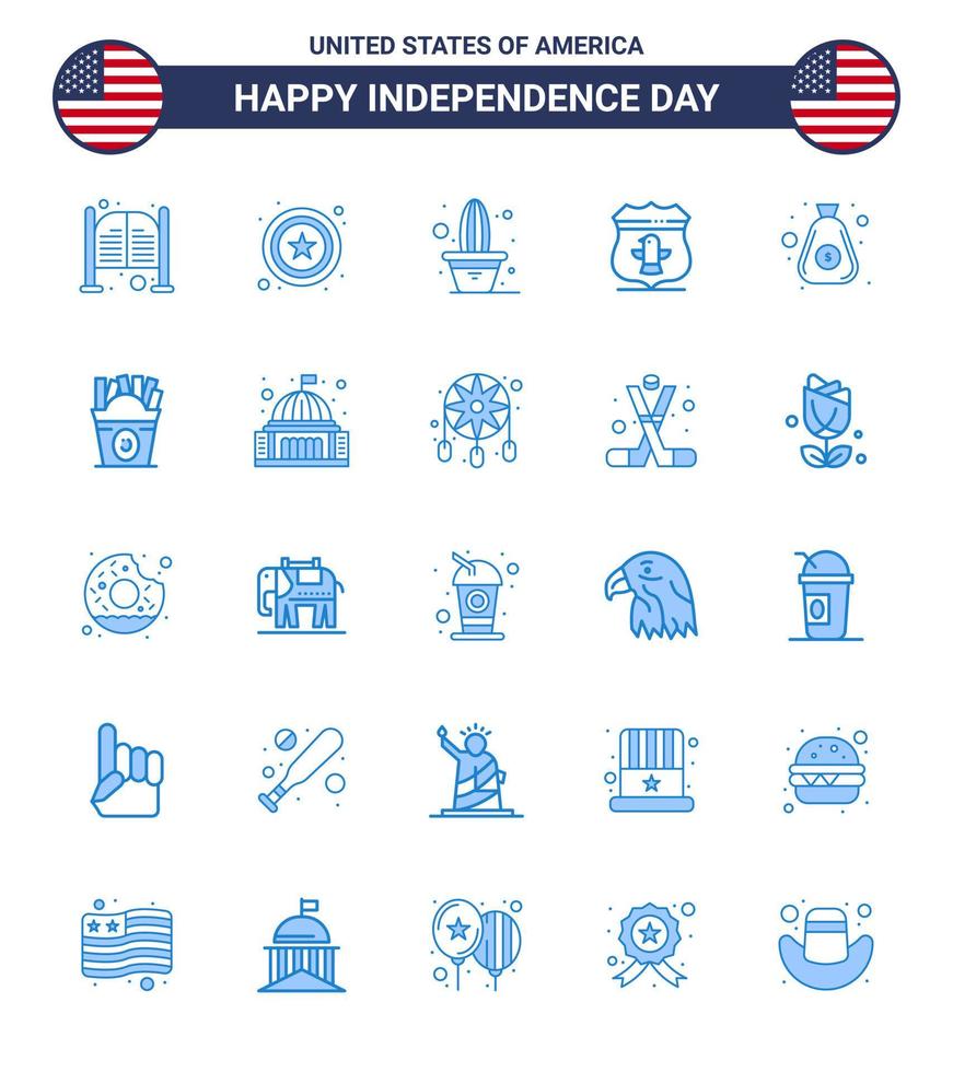 conjunto moderno de 25 azules y símbolos en el día de la independencia de EE. UU., como cactus de seguridad monetaria, escudo americano, elementos de diseño vectorial editables del día de EE. UU. vector