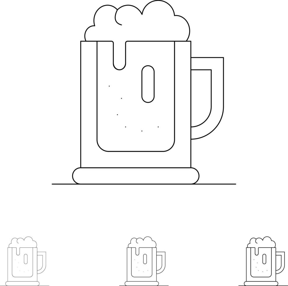 alcohol fiesta cerveza celebrar bebida tarro audaz y delgada línea negra conjunto de iconos vector