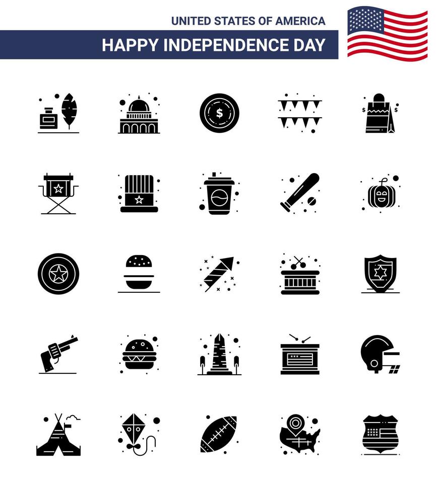 Set of 25 USA Day Icons American Symbols Independence Day Signs for american handbag american bag garland Editable USA Day Vector Design Elements