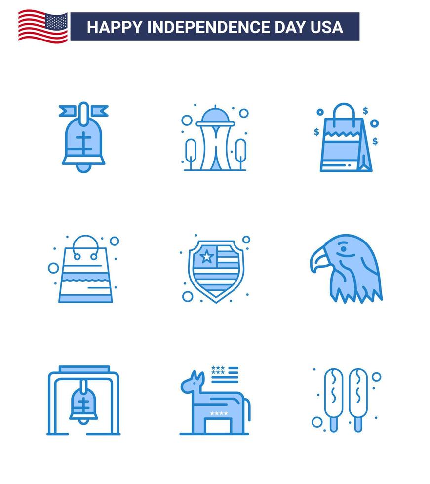 Group of 9 Blues Set for Independence day of United States of America such as protection shop bag packages bag Editable USA Day Vector Design Elements