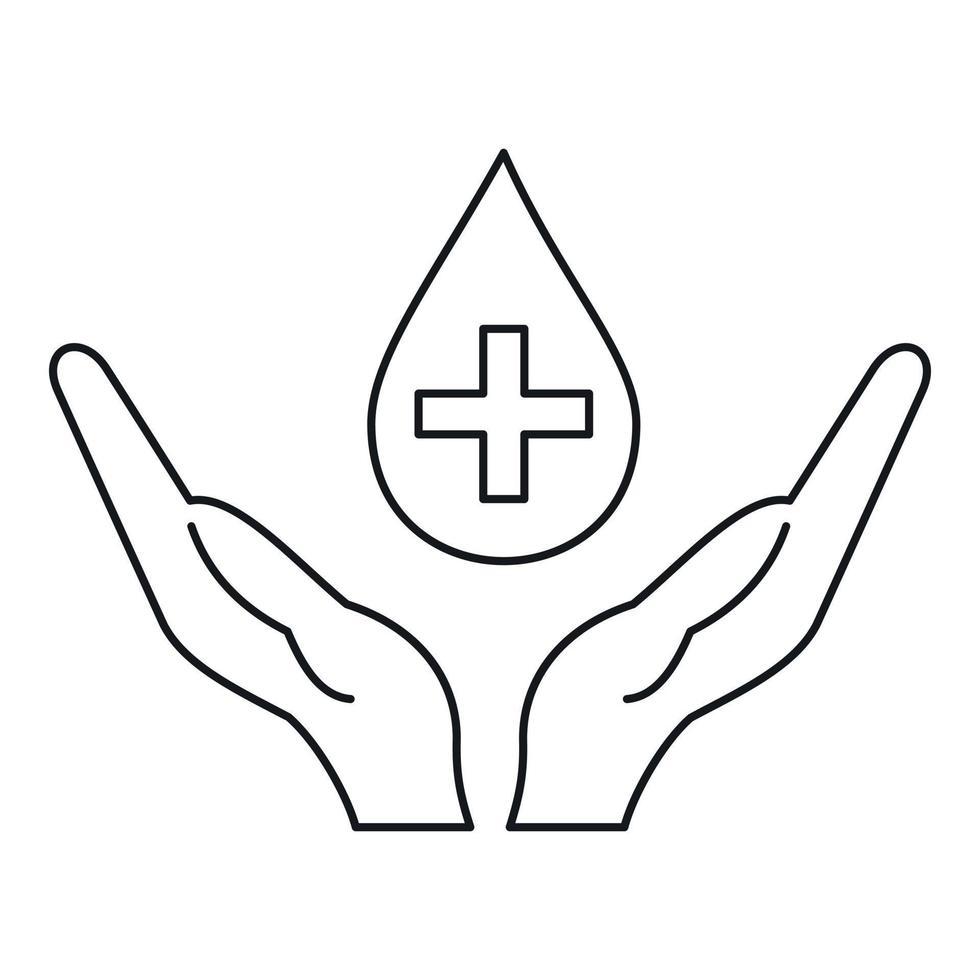 Hands holding blood drop icon, outline style vector