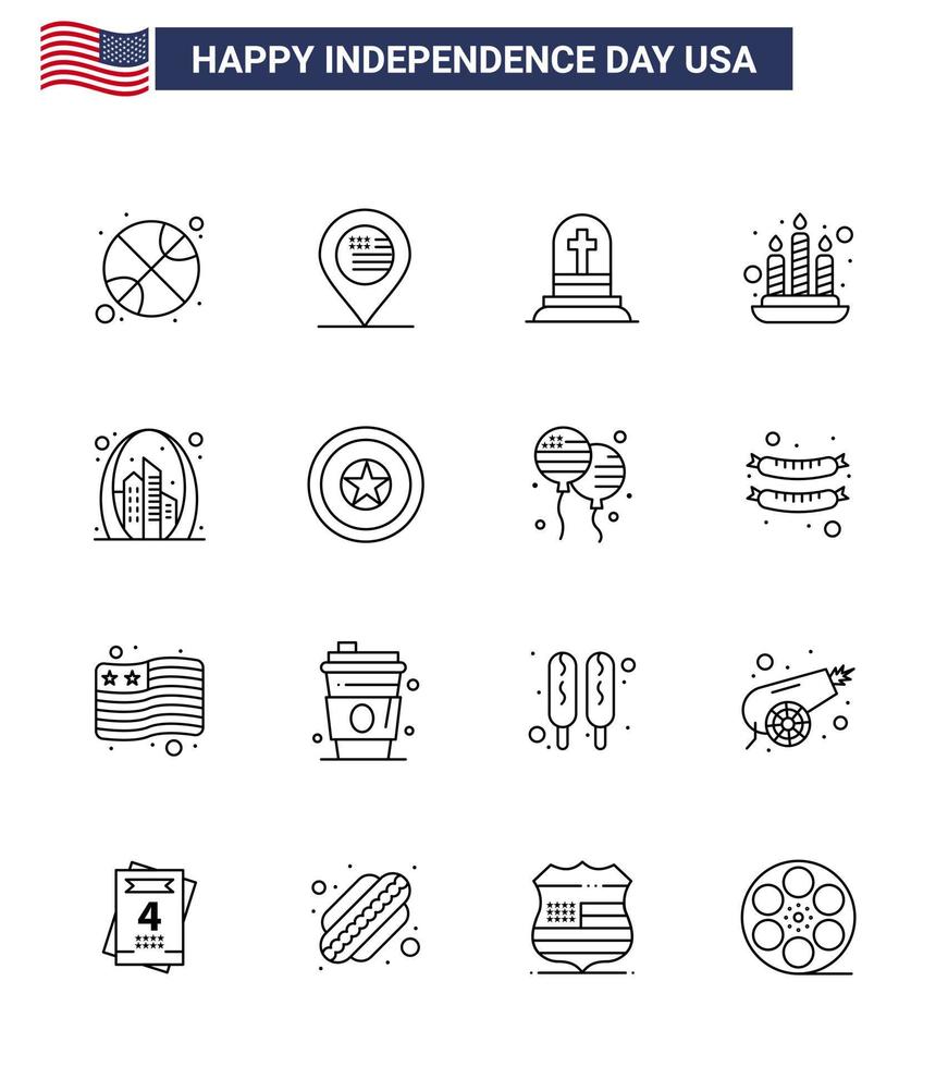 Set of 16 USA Day Icons American Symbols Independence Day Signs for gate arch death light candle Editable USA Day Vector Design Elements
