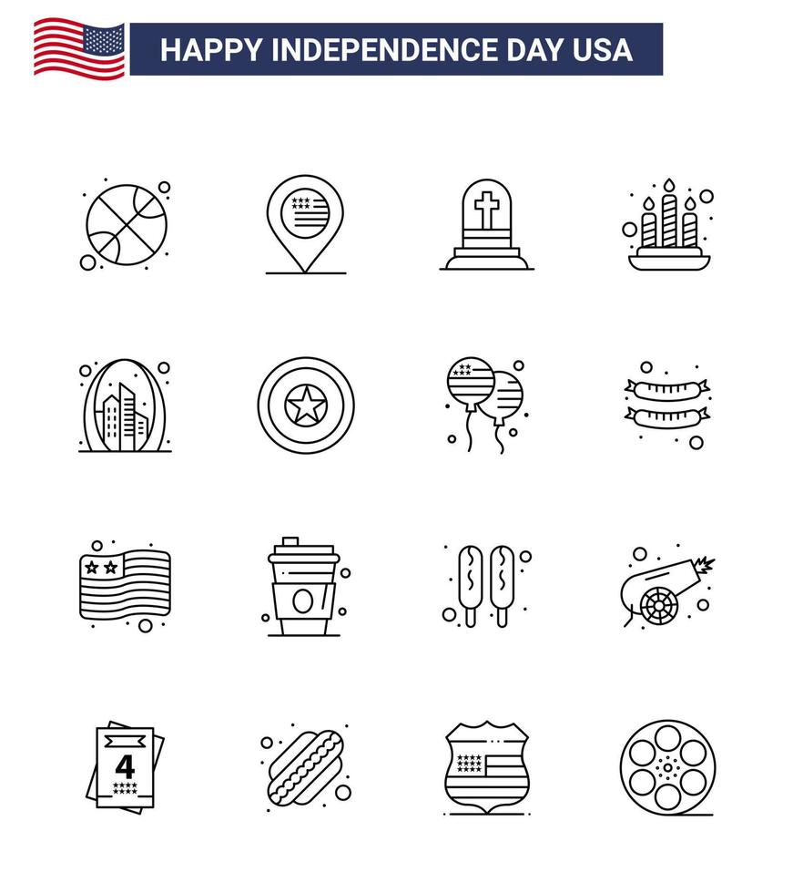 conjunto de 16 iconos del día de los ee.uu. símbolos americanos signos del día de la independencia para el arco de la puerta vela de la luz de la muerte elementos de diseño del vector del día de los ee.uu. editables