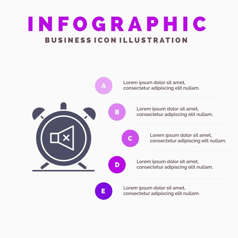 despertador silenciar sonido sólido icono infografía 5 pasos presentación antecedentes vector