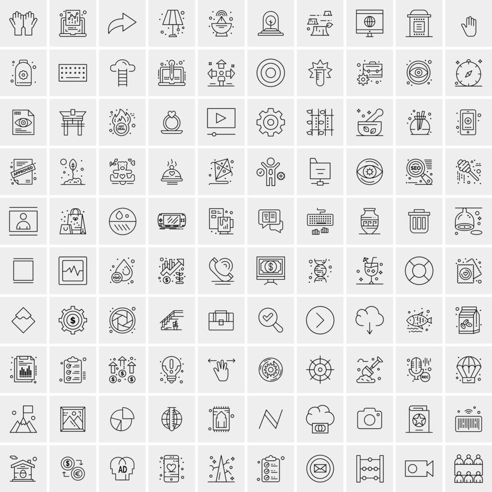 100 Universal Black Line Icons on White Background vector