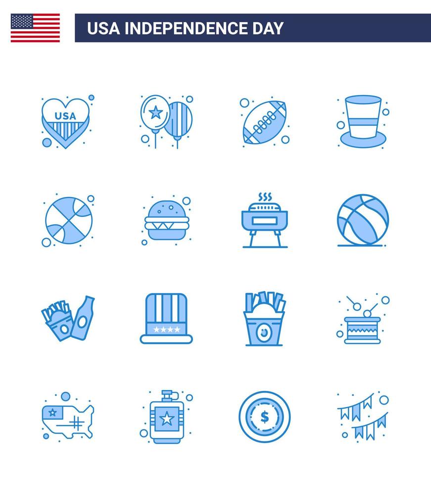 Group of 16 Blues Set for Independence day of United States of America such as ball magic hat ball hat american Editable USA Day Vector Design Elements