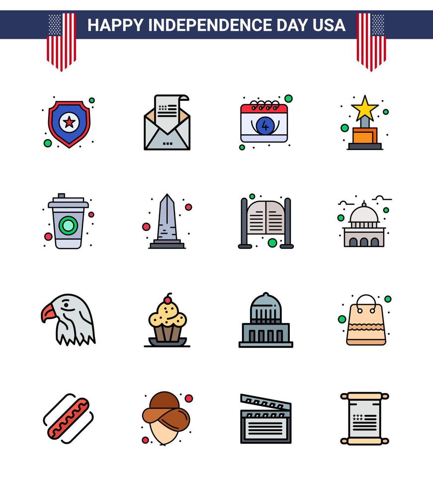 Set of 16 Vector Flat Filled Lines on 4th July USA Independence Day such as cola trophy mail award day Editable USA Day Vector Design Elements