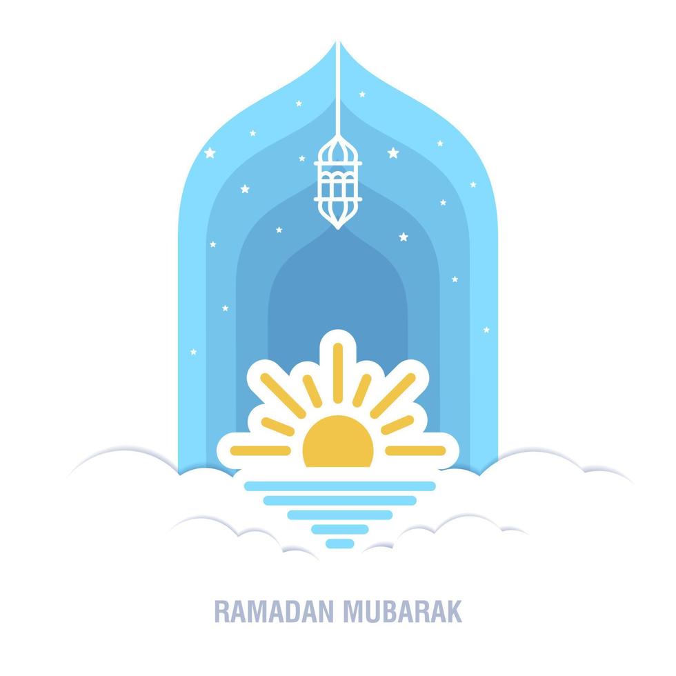 Ramadan Kareem islamic design crescent moon and mosque dome silhouette with arabic pattern and calligraphy vector