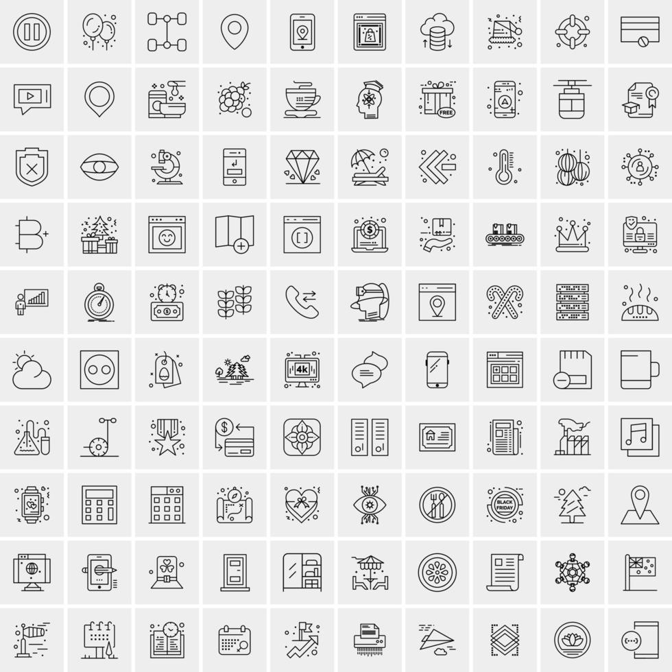 100 Universal Black Line Icons on White Background vector