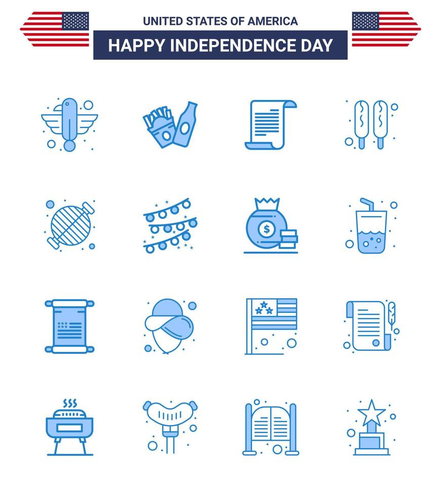 16 USA Blue Pack of Independence Day Signs and Symbols of bbq food file food corn dog Editable USA Day Vector Design Elements