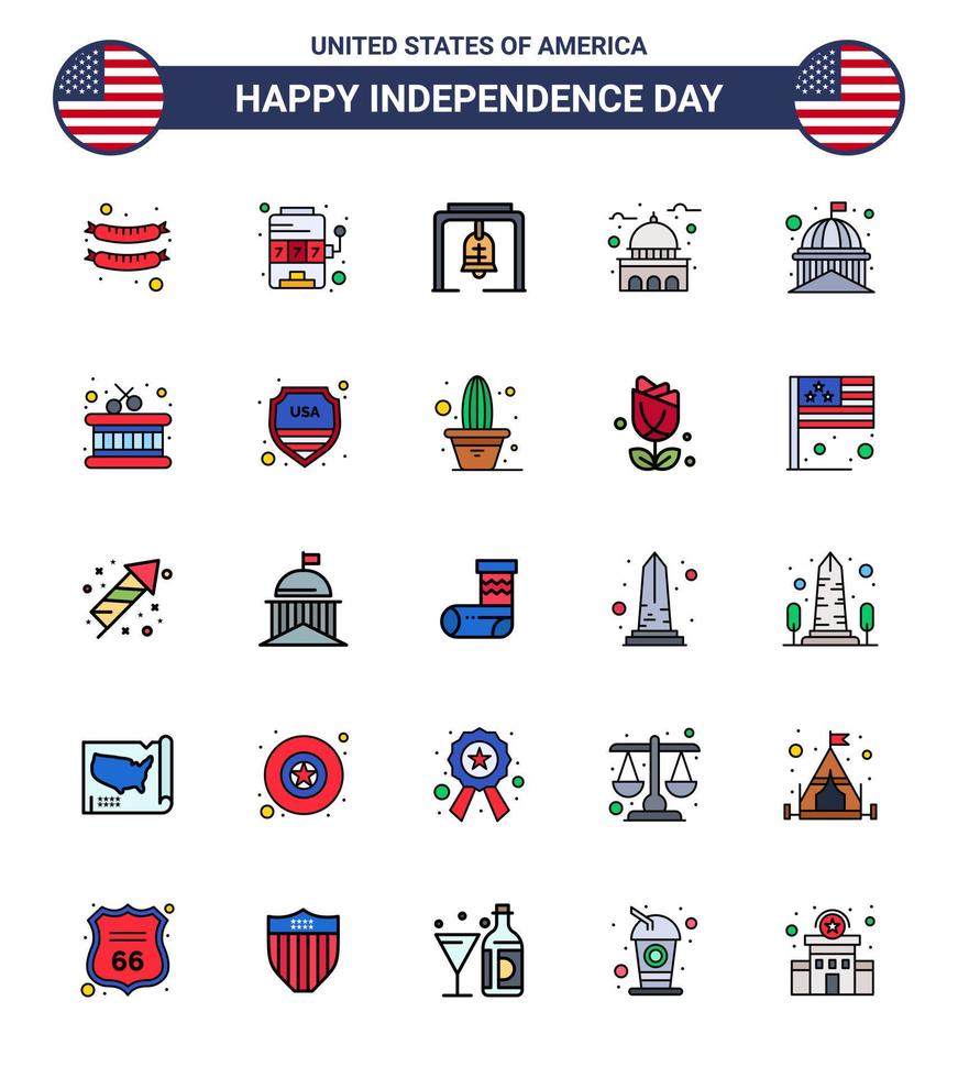 Editable Vector Flat Filled Line Pack of USA Day 25 Simple Flat Filled Lines of instrument white bell usa house Editable USA Day Vector Design Elements