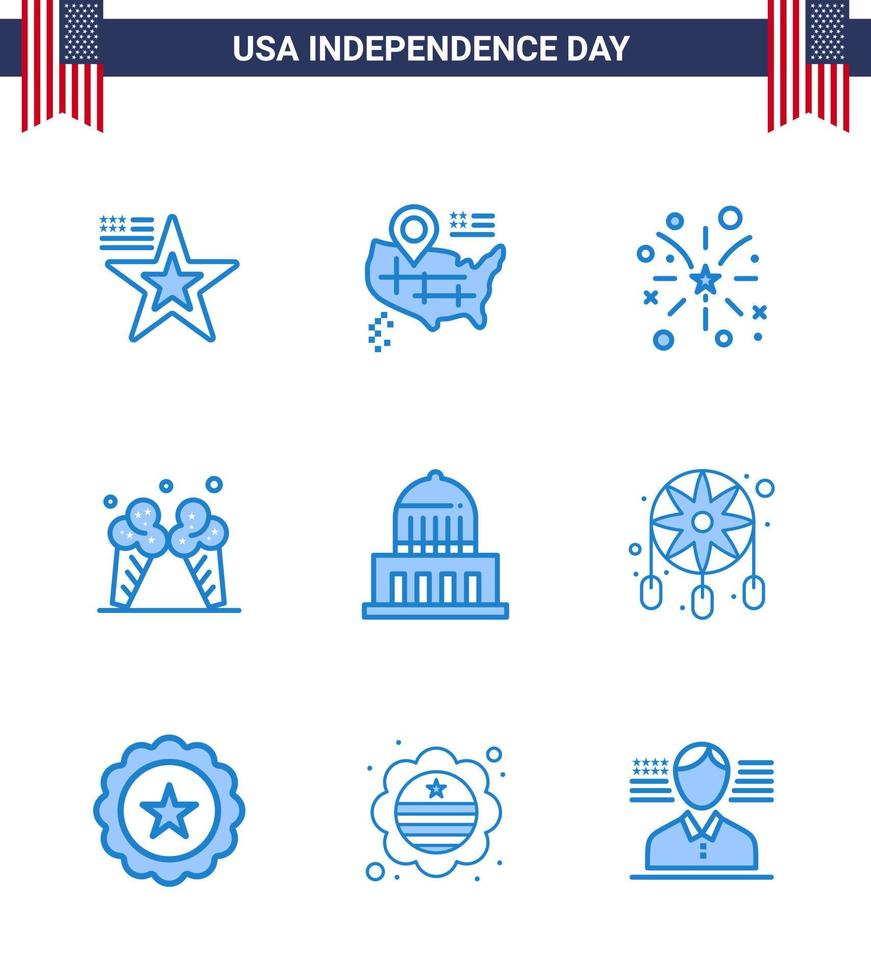 Happy Independence Day USA Pack of 9 Creative Blues of landmark building fire american ice Editable USA Day Vector Design Elements