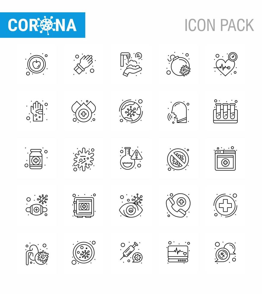 Corona virus 2019 and 2020 epidemic 25 line icon pack such as time heart protect hands beat bomb viral coronavirus 2019nov disease Vector Design Elements