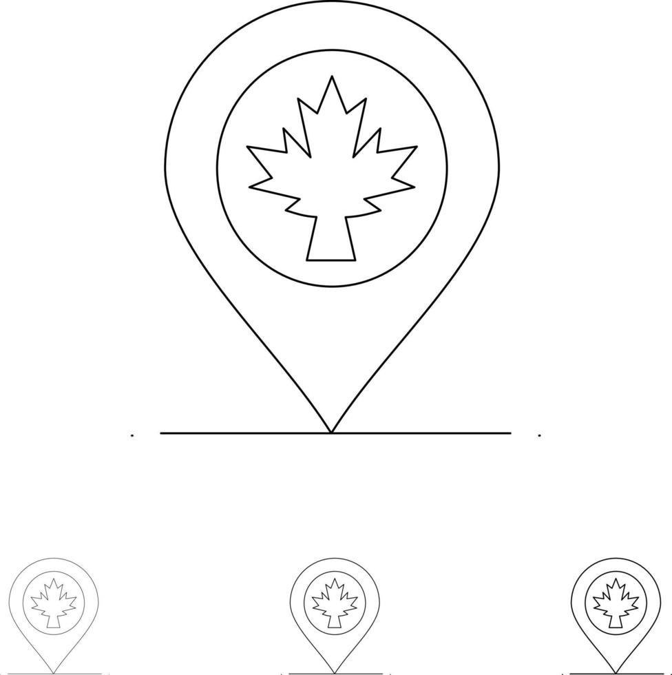 conjunto de iconos de línea negra en negrita y delgada de hoja de Canadá de ubicación de mapa vector