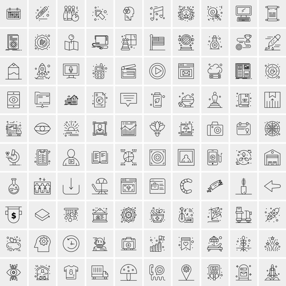 100 Universal Black Line Icons on White Background vector