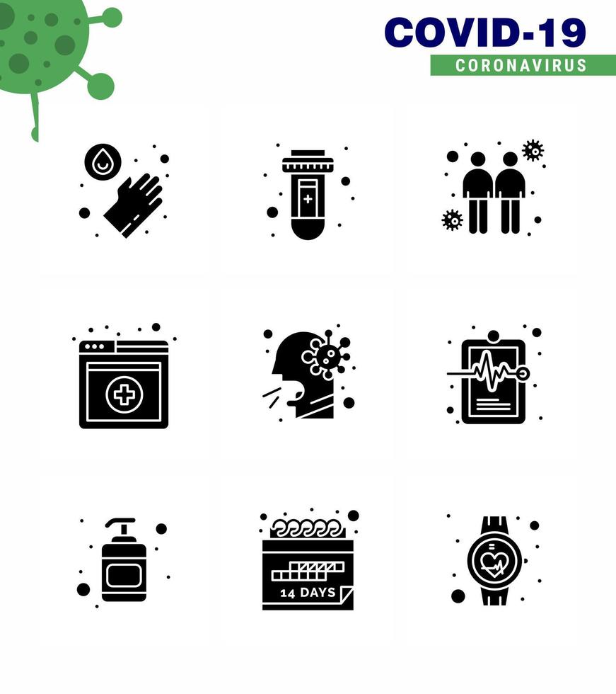 Corona virus 2019 and 2020 epidemic 9 Solid Glyph Black icon pack such as people healthcare spread cough online viral coronavirus 2019nov disease Vector Design Elements