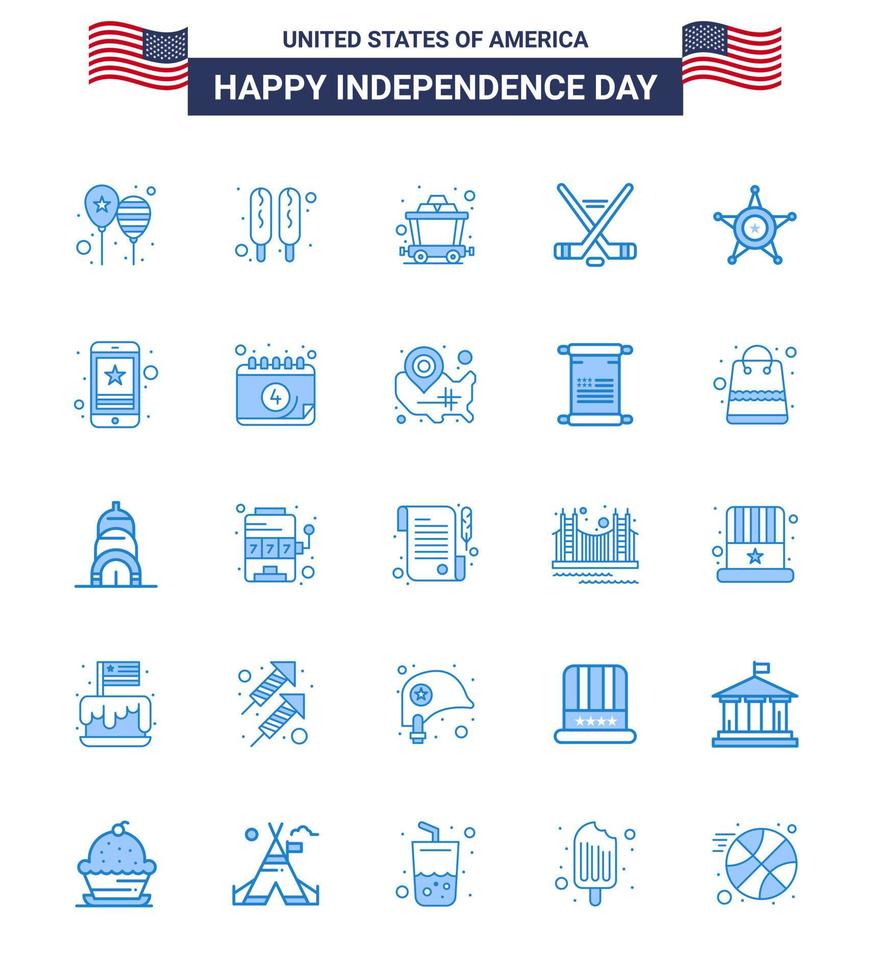 25 USA Blue Signs Independence Day Celebration Symbols of star men cart american ice sport Editable USA Day Vector Design Elements