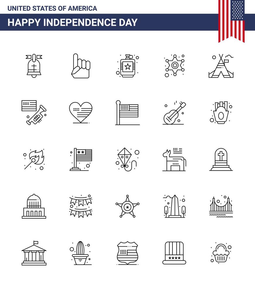 Pack of 25 creative USA Independence Day related Lines of tent free star alcoholic police liquid Editable USA Day Vector Design Elements