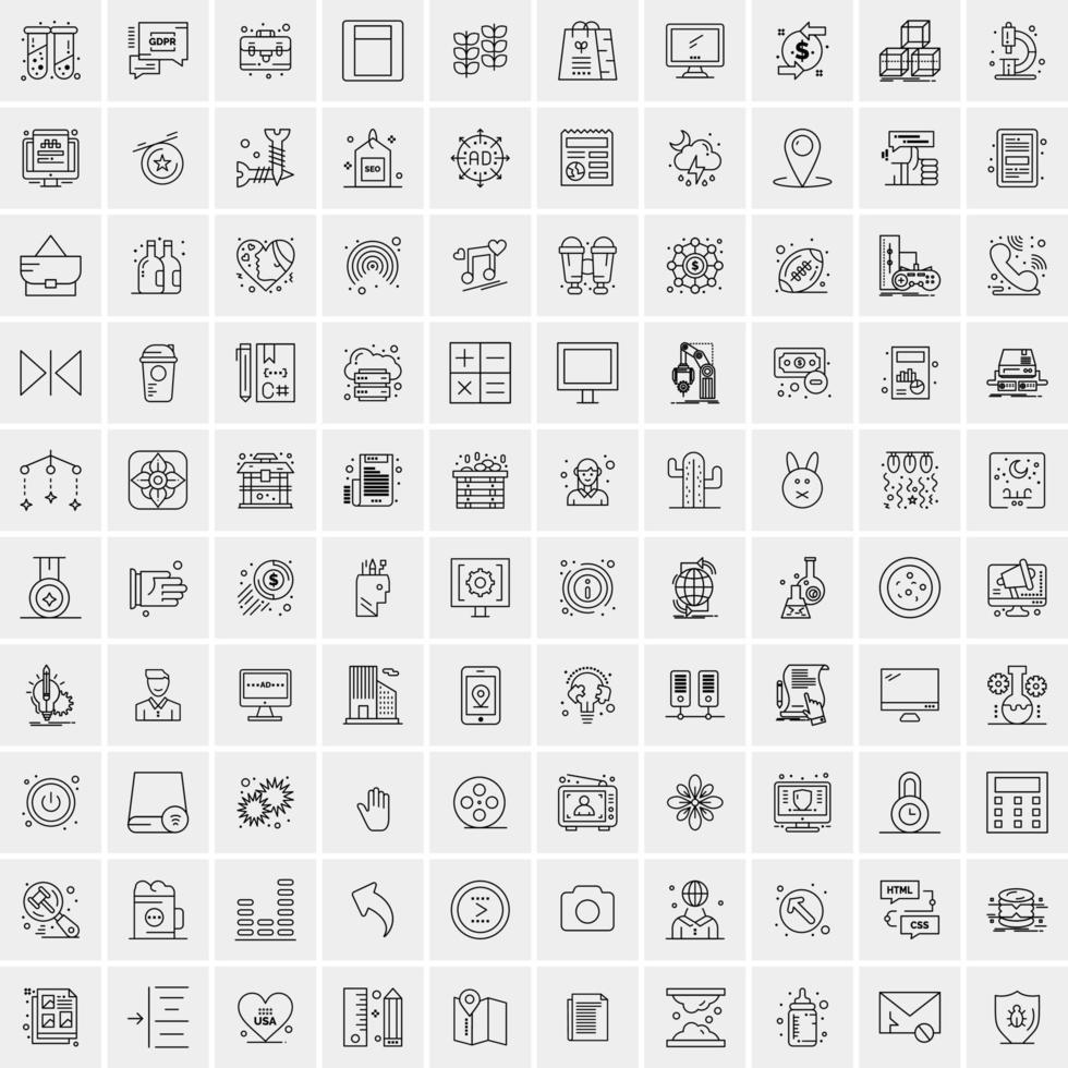 100 Universal Black Line Icons on White Background vector