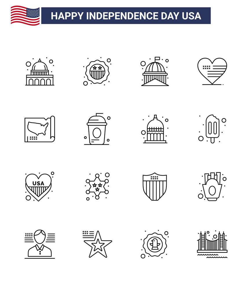 Modern Set of 16 Lines and symbols on USA Independence Day such as map american building love white Editable USA Day Vector Design Elements