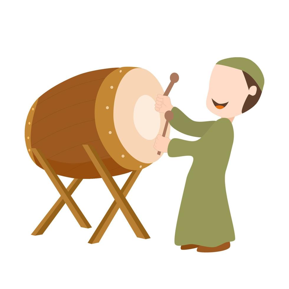 the child hits the drum of the mosque vector