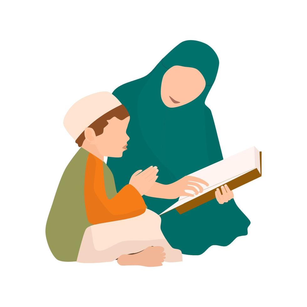 mother and child reading the Al-qur'an vector