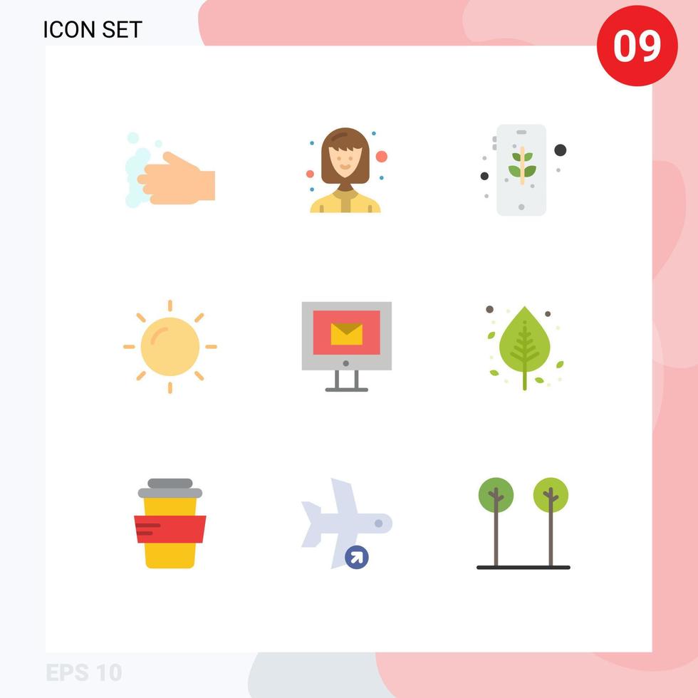conjunto moderno de 9 colores planos y símbolos como chat computer eco vacaciones verano elementos de diseño vectorial editables vector
