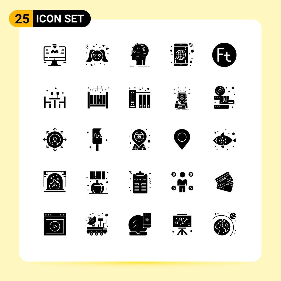 25 Universal Solid Glyph Signs Symbols of phone globe woman app key Editable Vector Design Elements