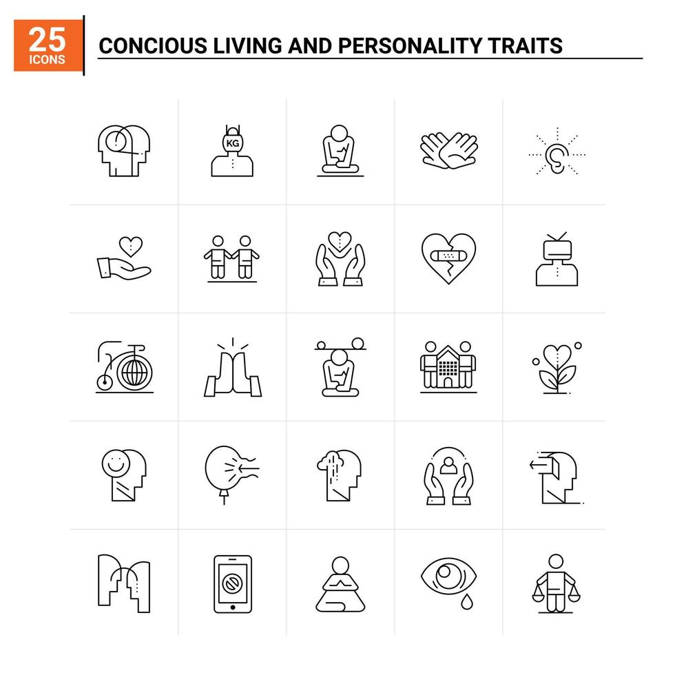 25 Concious Living And Personality Traits icon set vector background