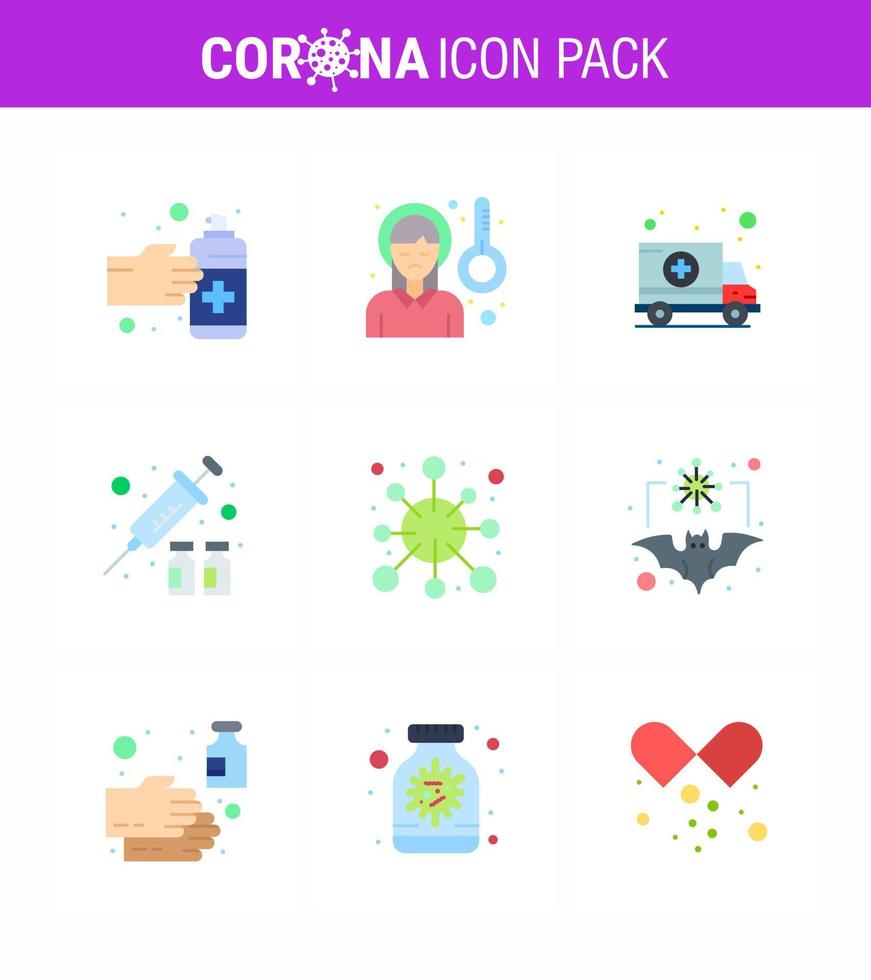 Corona virus 2019 and 2020 epidemic 9 Flat Color icon pack such as  antigen virus vaccine sickness fever protection transport viral coronavirus 2019nov disease Vector Design Elements