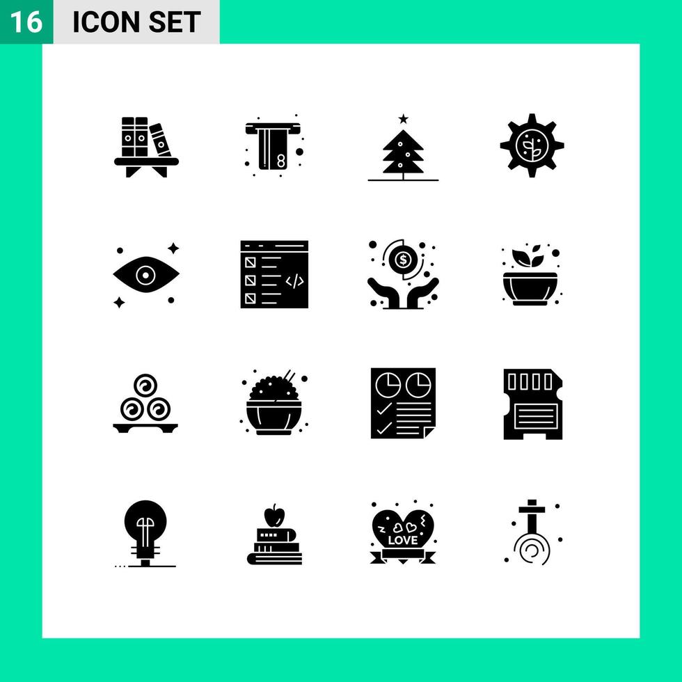 Pack of 16 Modern Solid Glyphs Signs and Symbols for Web Print Media such as check eyes tree eye gear Editable Vector Design Elements