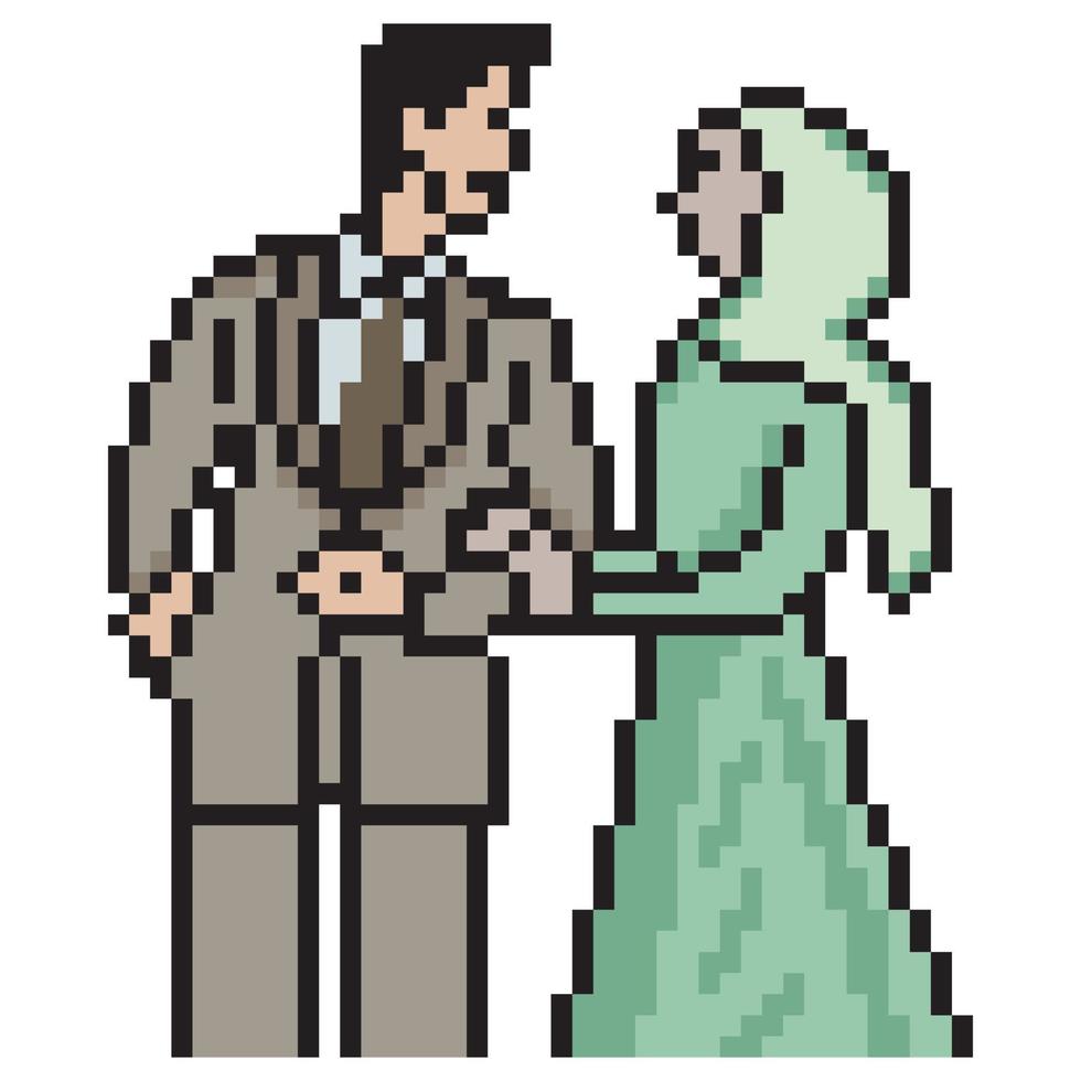Muslim wedding couple portrait with pixel art design. Vector illustration.