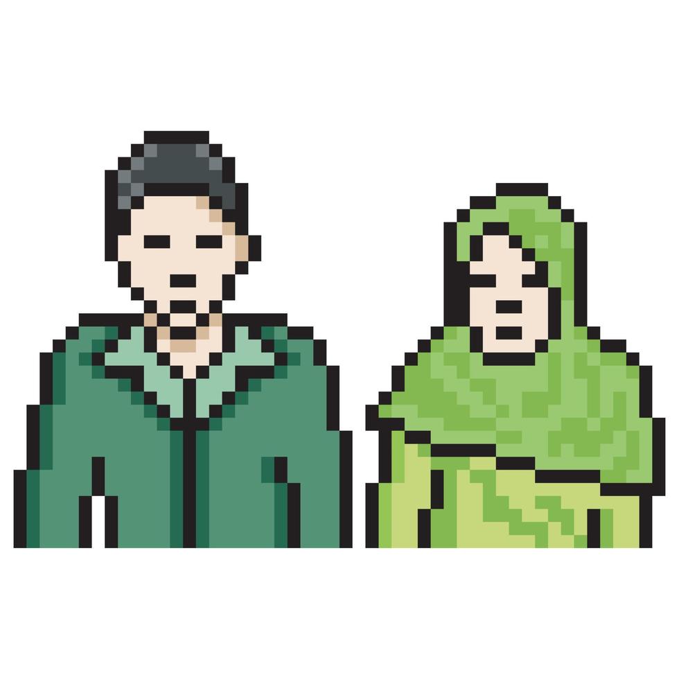 Muslim wedding couple portrait with pixel art design. Vector illustration.