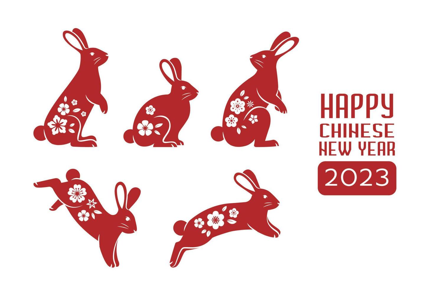 Chinese rabbits set. Chinese lunar new year animal with flowers