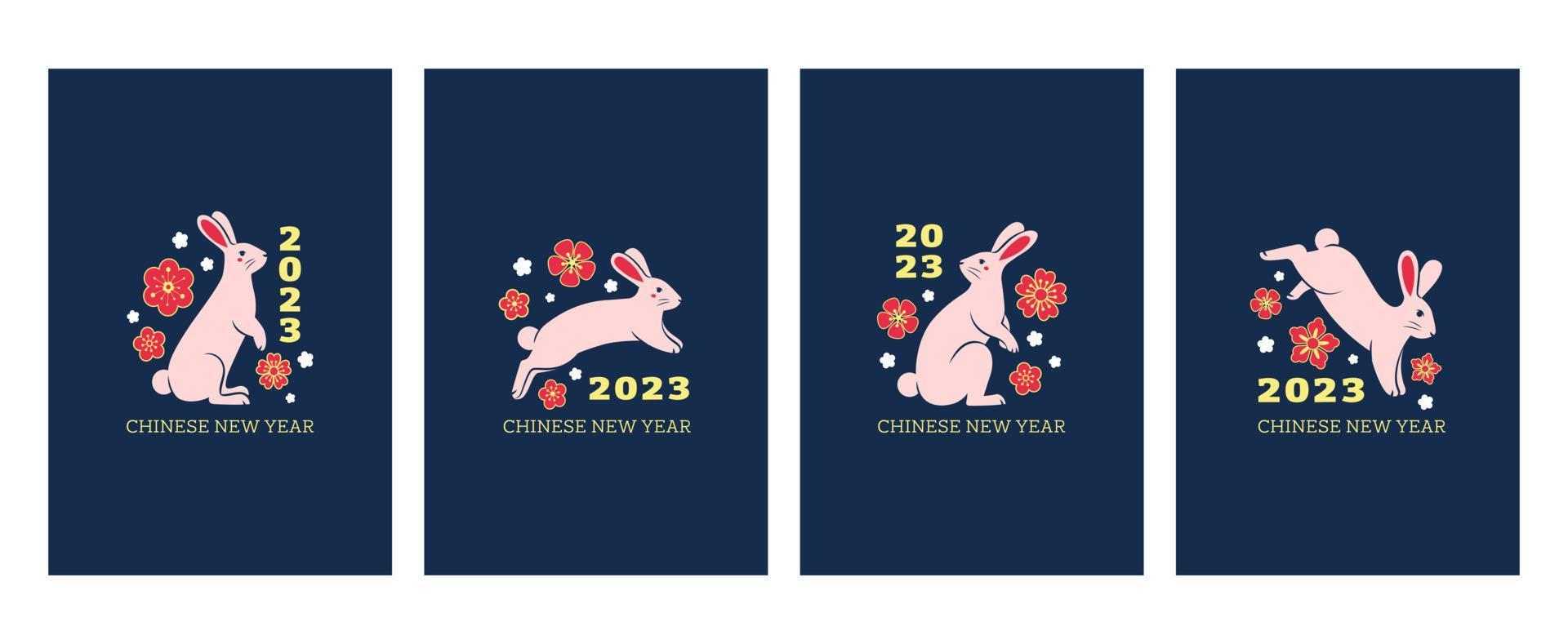 Set of 2023 Chinese New Year greeting cards, posters, flyers or invitation designs with rabbit and flowers. Flat vector illustration.