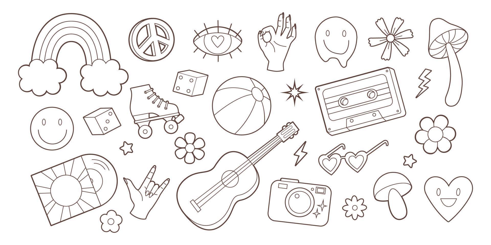 Set of retro 60s-70s elements. Vector linear illustration