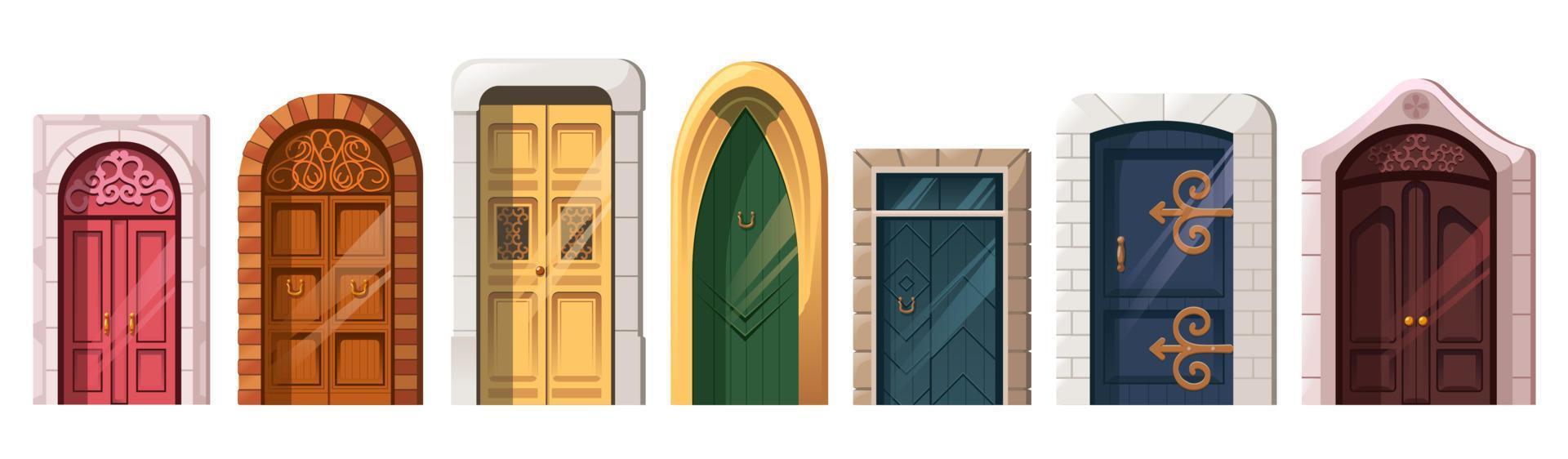 Medieval doors in stone arch for building facade vector