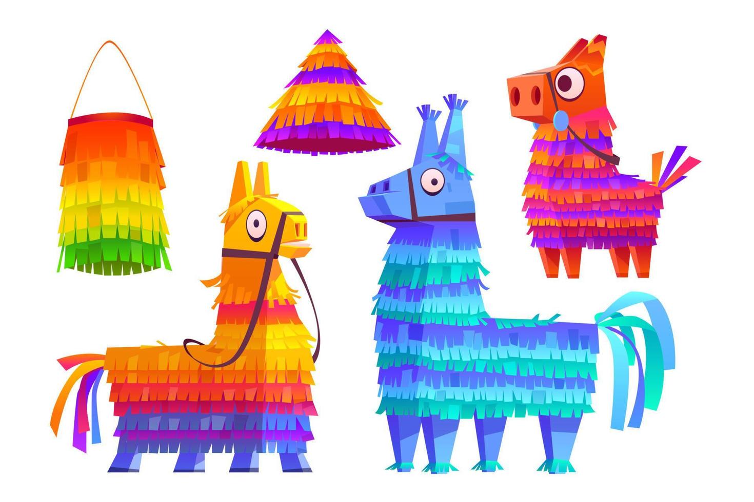 piñatas mexicanas burro y llama, juguetes coloridos vector