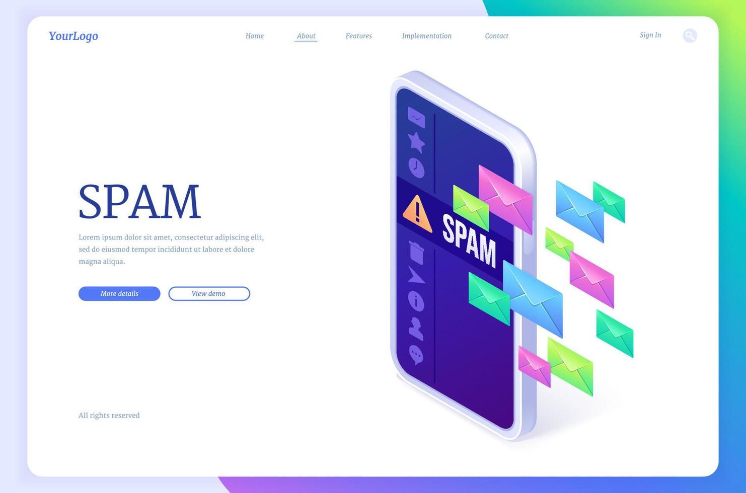 Spam isometric landing page with letter envelopes vector