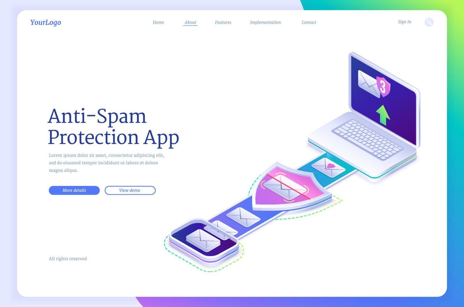 Anti spam protection app isometric landing page vector