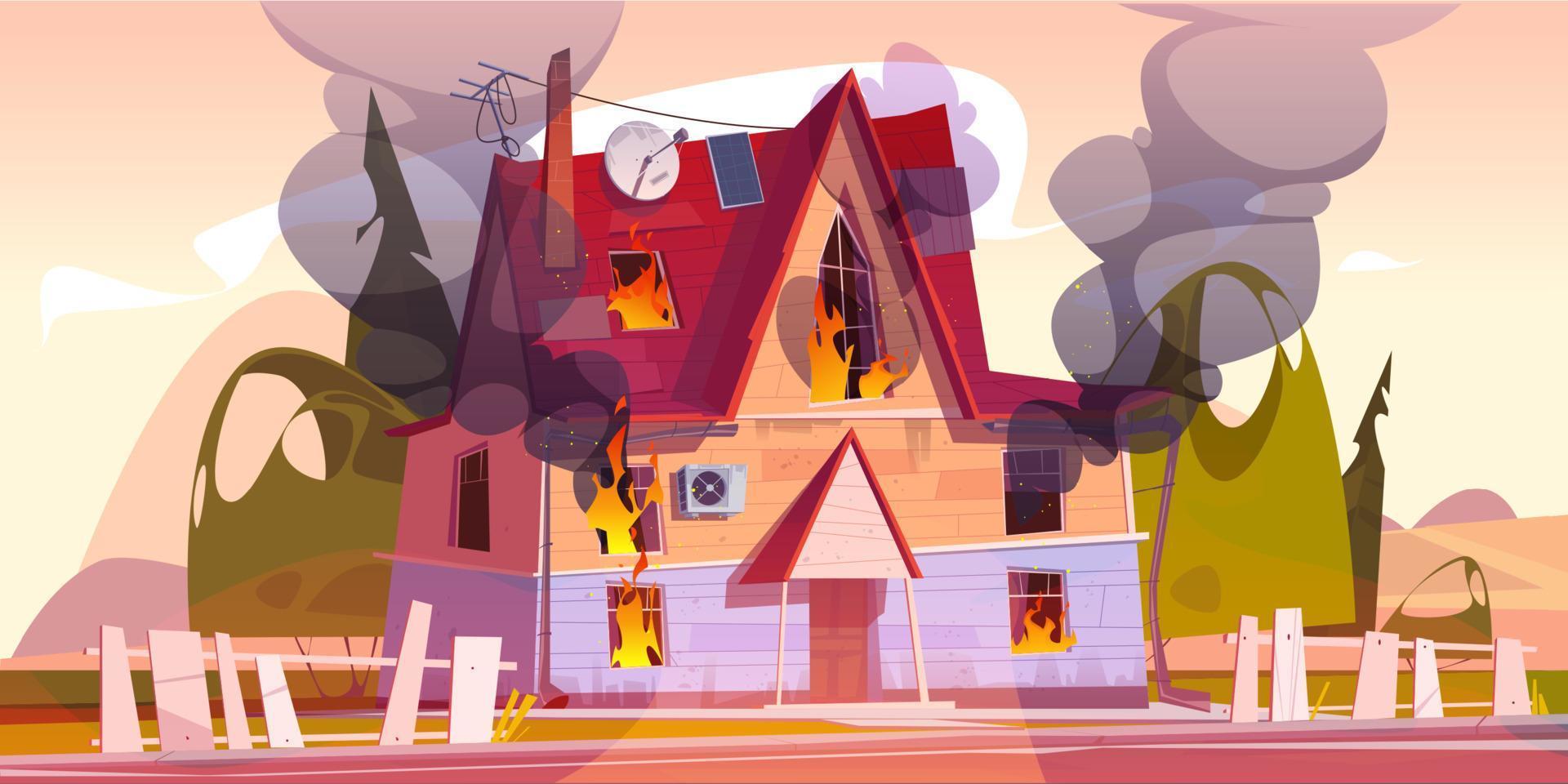 House on fire, home with flame and black smoke vector