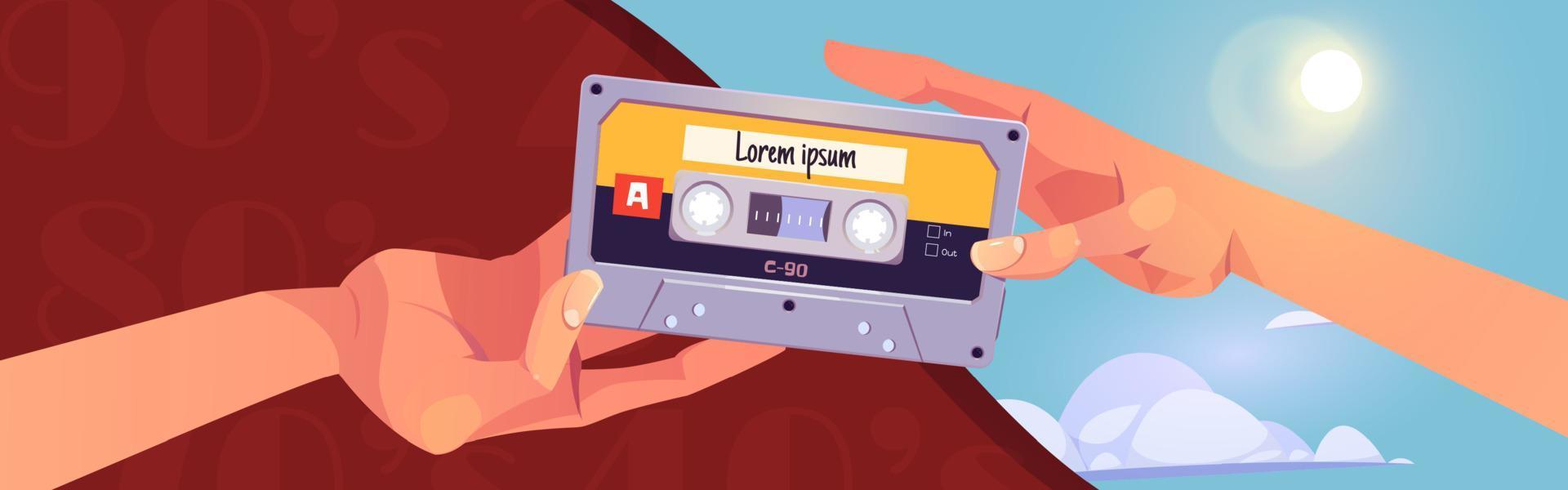 Retro mixtapes cartoon banner with human hands vector